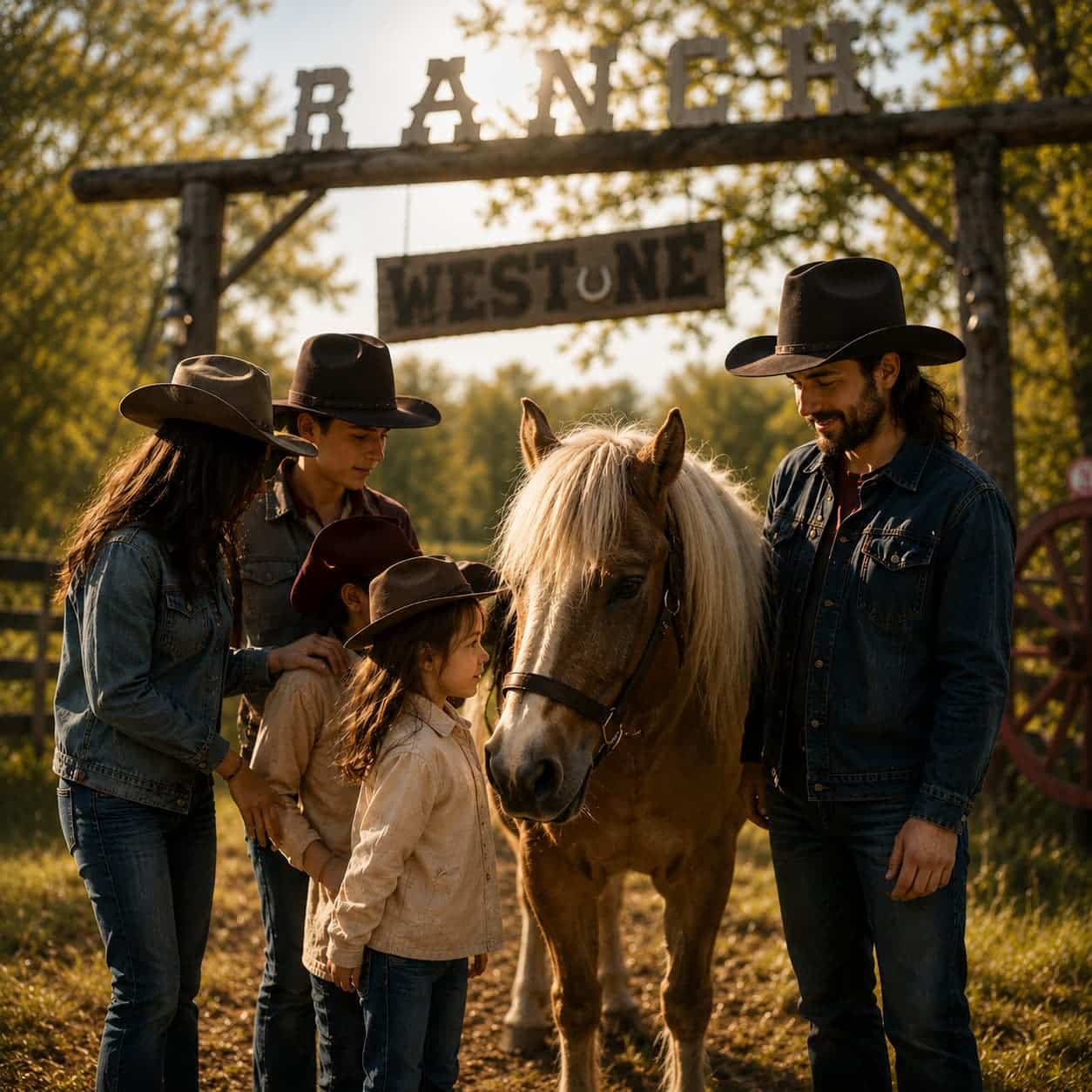 Famille découvrant les chevaux et poneys au Westone Family's Ranch
