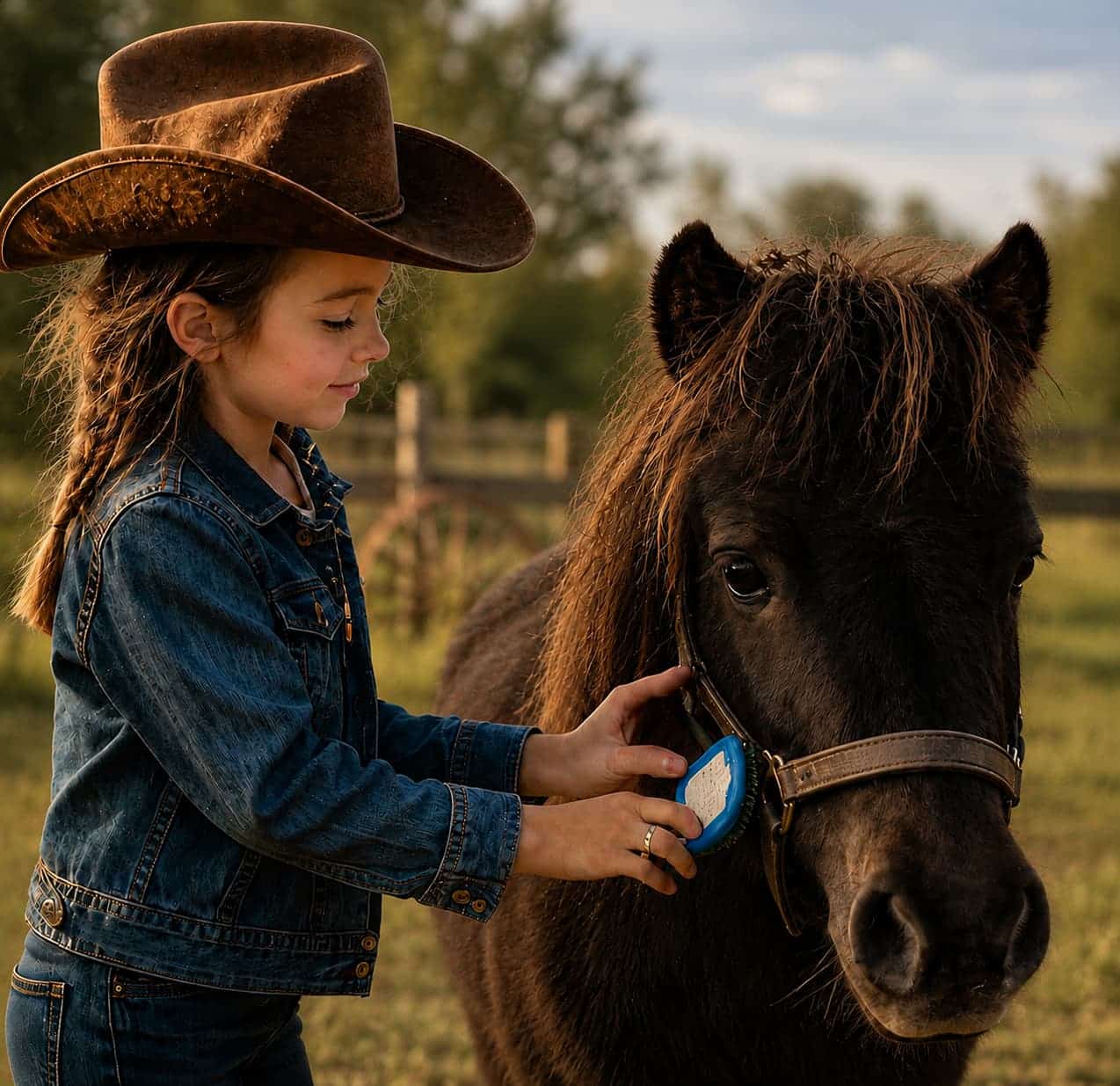 Enfant prenant soin de son poney au Westone Family's Ranch